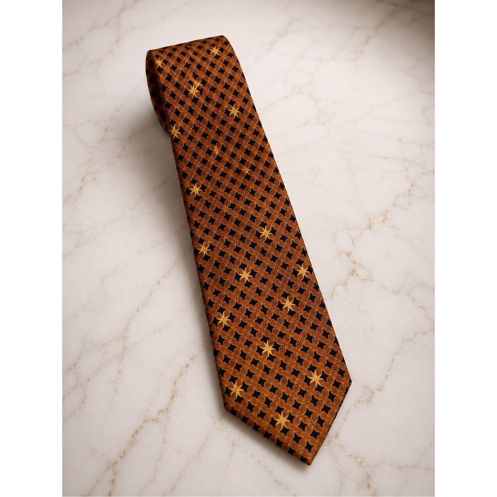 Bijan Milano Silk Tie Brown Gold Geometric Floral Medallion Pattern Luxury Mens